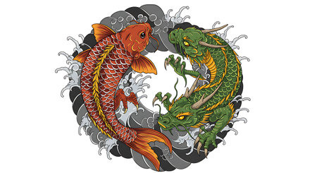 Illustration of a Japanese carp and koi fish in a circleの素材