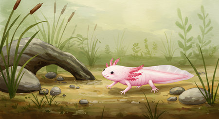 Illustration of a pink axolotl in the pond.の素材
