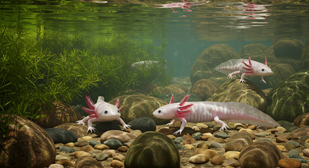 Two white axolotl swimming in the aquarium. 3D renderingの素材