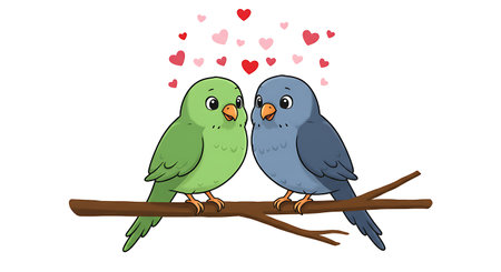 A green and blue cartoon bird sit together on a branch under floating hearts, perfect for greeting cards.の素材