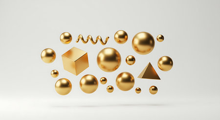 3d rendering of a set of golden balls in a white backgroundの素材