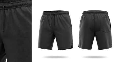 Black sports shorts mockup, front and back view. Vector illustration.の素材