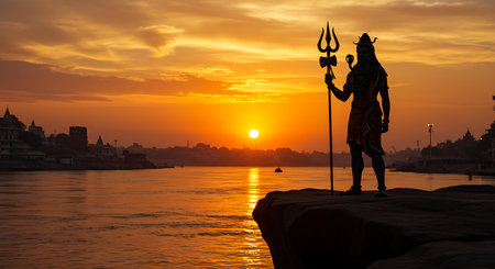 Hindu God Ganesha at sunset in the city of Varanasi, Indiaの素材
