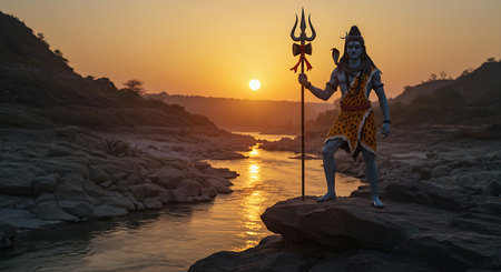 Hindu God Shiva on the river bank at sunset. Hindu God Shiva.の素材