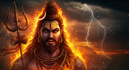 Hindu God Shiva with lightning in the background. 3D illustration.の素材