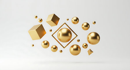 3D rendering of golden geometric shapes in white background, digitally generated image.の素材