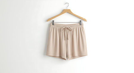 Beige cotton skirt hanging on wooden hanger isolated on white backgroundの素材