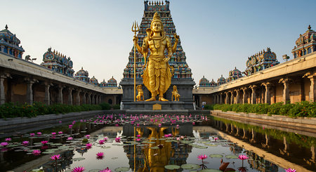 Ganesha statue in front of the pond with lotus flowerの素材