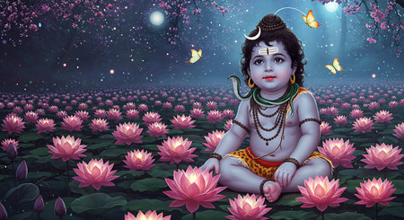 Hindu God Ganesha in lotus pond with lotus flowersの素材