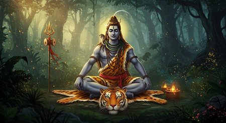 Illustration of Lord Ganpati in the forest with tiger in the backgroundの素材