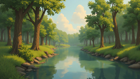 Forest landscape with river and blue sky. 3d render illustration.の素材