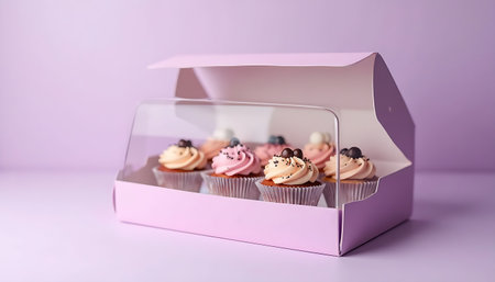 Delicious Cupcakes in a Pastel Pink Box, Sweet Treats, Bakery, Dessert, Confectionery, Food Photographyの素材