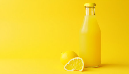 Refreshing Lemonade Bottle with Lemons on Yellow Backgroundの素材