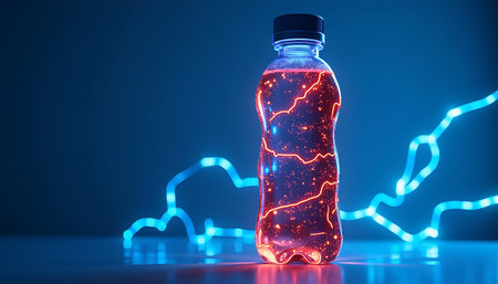 Glowing Energy Drink Bottle with Neon Lights Backgroundの素材