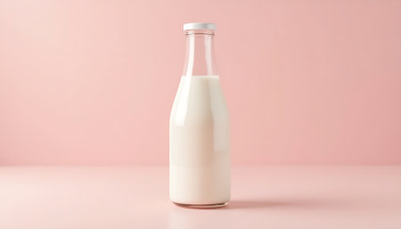 Glass Bottle of Milk on Pink Background Minimalist Food Photographyの素材