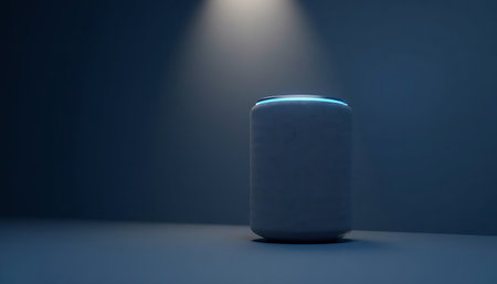 Smart Speaker in Dark Room, Minimalist Technology Product Shotの素材