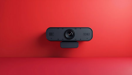 Modern Black Webcam on Red Background Minimalist Technology Imageの素材