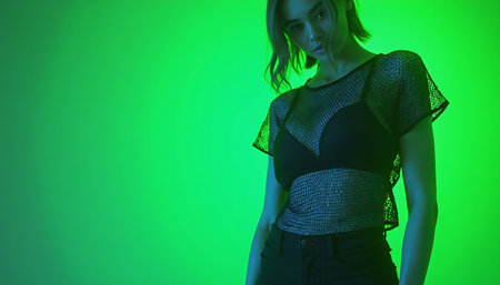 Fashion portrait of young woman on green background with neon light.の素材
