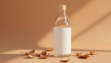 Minimalist Product Mockup Blank Glass Bottle with Dried Leaves on Beige Backgroundの素材