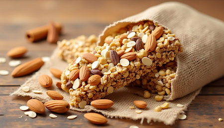 Granola bars with nuts on wooden background. Healthy snack.の素材