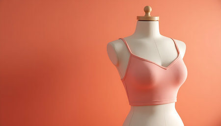 Coral Pink Crop Top on Mannequin Against Background - Fashion, Apparel, Clothing, Retail, Design, Style, Summer, Minimalist, Studio Shotの素材