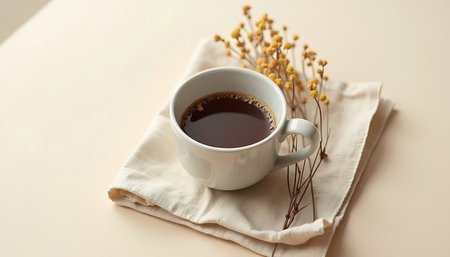 Serene Morning Coffee Minimalist Still Life with Dried Flowers and Cupの素材