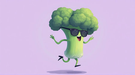 Cartoon green broccoli with sunglasses running and jumping. Vector illustration.の素材