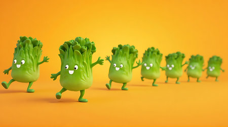 Cabbage character walking in a row. 3d render illustration.の素材