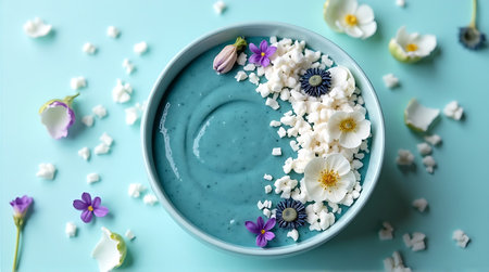 Bowl with tasty spirulina smoothie and flowers on color backgroundの素材