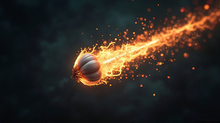 3d rendering of a flying onion with a trail of fire.の素材