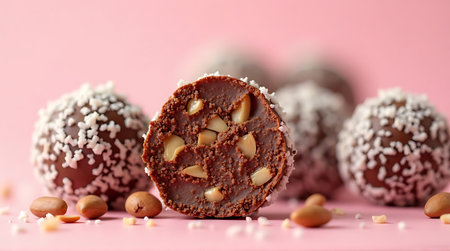 Chocolate candies with nuts and coconut on pink background, closeupの素材