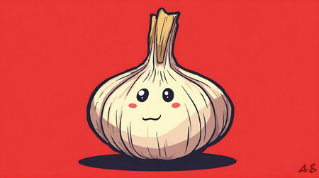 Illustration of a garlic with a sad face on a red backgroundの素材
