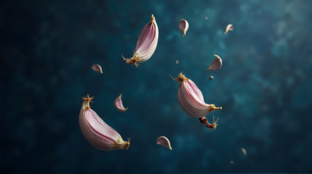 Flying garlic bulbs on dark blue background. 3d rendering, 3d illustration.の素材
