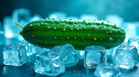 Cucumber with ice cubes on blue background. Close up.の素材