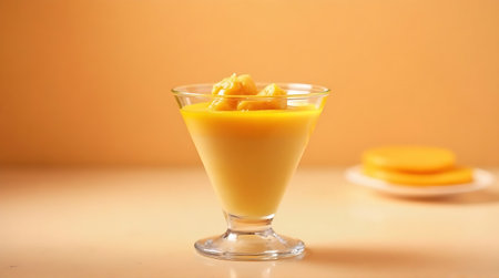 Panna cotta with mango on orange background. Selective focus.の素材