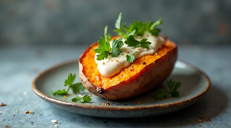 Baked sweet potato with sour cream and parsley on a gray backgroundの素材