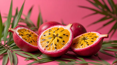 Slices of passion fruit on a pink background with palm leavesの素材