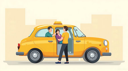 Couples traveling by taxi. Vector illustration in flat style.の素材