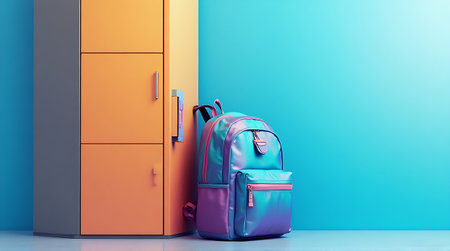 School backpack in front of an orange locker. 3d rendering.の素材