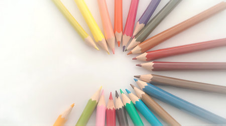 Colorful pencils in the shape of a heart on white backgroundの素材