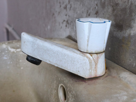 A close-up view of a neglected white plastic faucet covered in grime and water stains on a dirty, discolored ceramic sink, highlighting poor hygiene.の写真素材