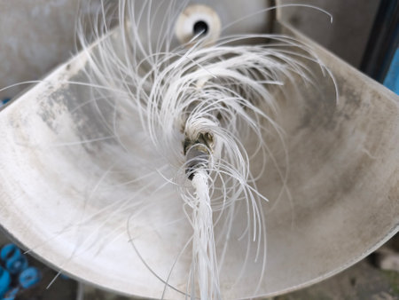 Numerous thin, translucent white plastic strands flow from a central point, fanning out across a curved, light-colored industrial basin. This creates an interesting, dynamic abstract pattern.の写真素材