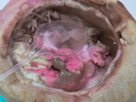 Vibrant scoops of pink, brown, and white ice cream are melting within a fresh coconut shell, with a clear plastic spoon resting on top. A delicious and refreshing tropical dessert.の写真素材