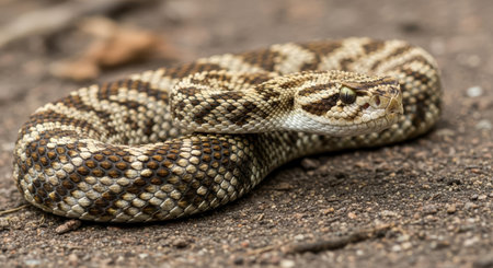 Coiled rattlesnake with distinctive diamond patterns rests on granular sandy ground, its focused eyes observing its surroundings intently This predatory reptile showcases its intricate scales and natural camouflageの素材
