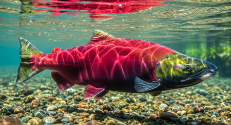 Spawning sockeye salmon with its distinctive red body and green head swims gracefully in clear river water over a rocky bedの素材