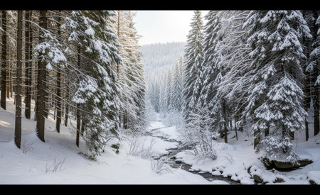 Enchanting winter forest scene with snow laden evergreen trees framing a winding, tranquil streamの素材