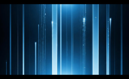 Dynamic composition features bright blue vertical light trails and detailed digital information streams on a deep blue backdropの素材