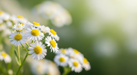 Cluster of white daisy like flowers with bright yellow centers, illuminated by soft natural light against a blurred green background, symbolizing freshness and peaceの素材