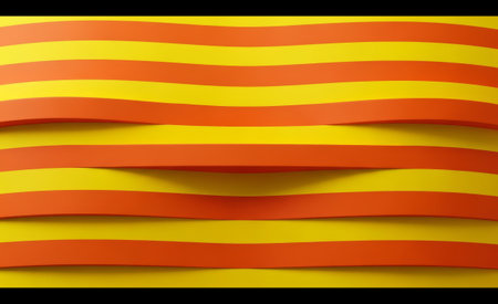 Dynamic visual of vibrant yellow and orange undulating stripes creating a captivating abstract background with shadowsの素材