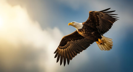 Majestic bald eagle captured in powerful flight against a gradient sky, showcasing its impressive wingspan and iconic white headの素材